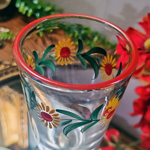 Retro pressed glass collector's cup, hand-painted sunflower design