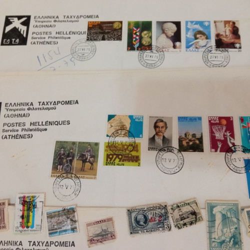 Vintage Greek Stamp Collection with Covers and Philatelist Receipts used