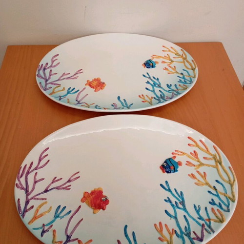 Porcelain platters MSA Home Collection new, with fish designs, set of 2