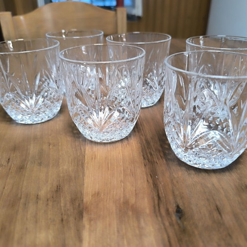 Vintage crystal whiskey glasses set of 6 with embossed designs