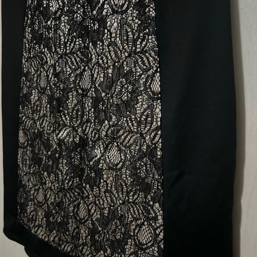 Evening dress knee-length black with sewn lace on champagne fabric like new