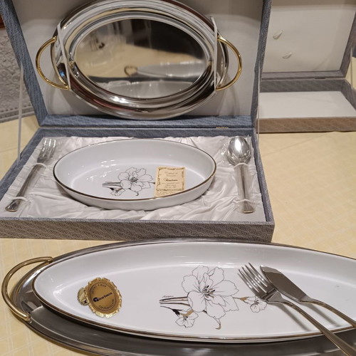 Giorinox serving platter set used, inox and porcelain