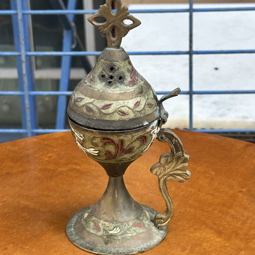 Vintage metal censer with cross, used, 17x10 cm