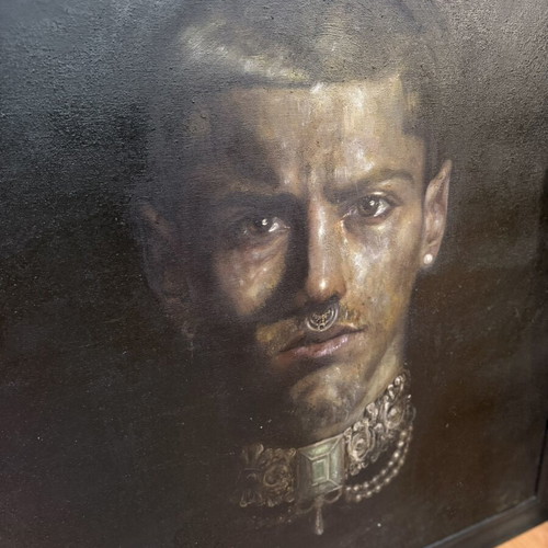 M. Tsakountis portrait oil painting in triple frame