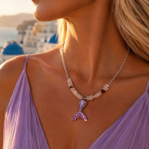 Handmade Necklace with pink quartz, hematite, shell, stainless steel silver chain, mermaid tail