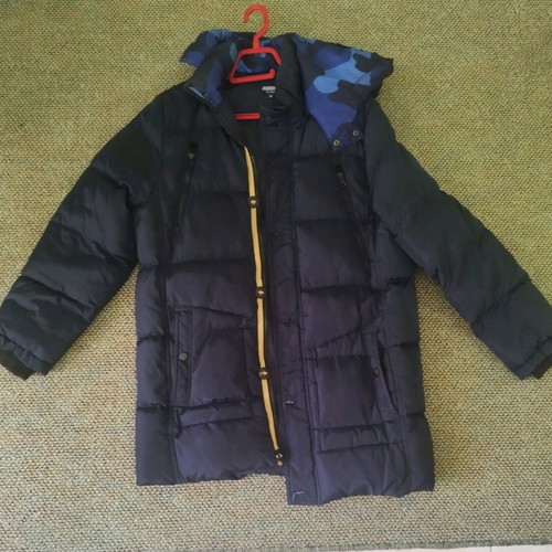 New College jacket used, blue, waterproof with camouflage hood for 13-16 years