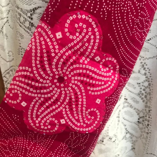 Large scarf like new, burgundy fuchsia pink with flowers and beads, cotton