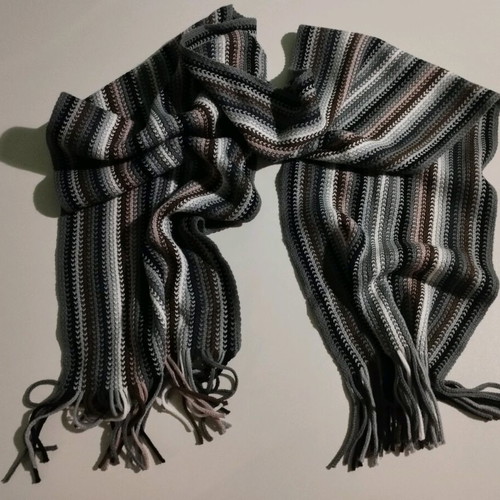 Scarf with stripes and fringes like new, gray and brown