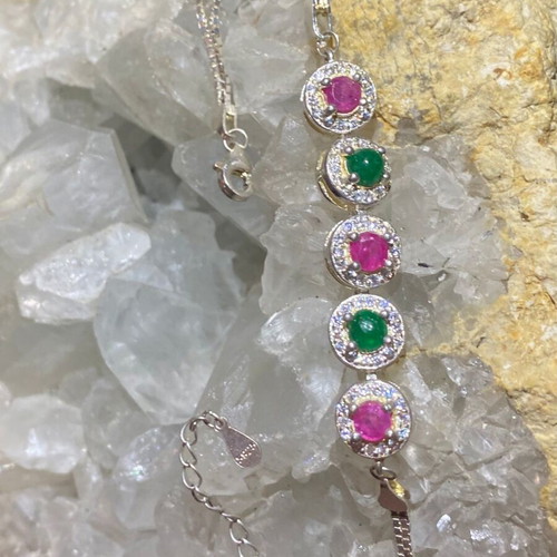 Handmade silver bracelet with natural emerald, ruby and moissanite, new
