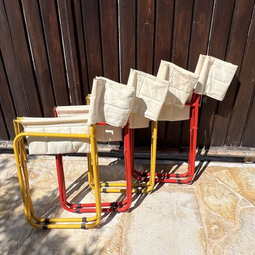 Set of 4 folding canvas chairs, metal frame, yellow and red