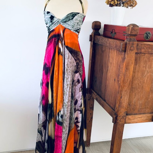Maxi Dress Veloudakis new, 100% silk, size S-M, multicolor