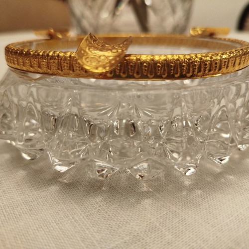 Vintage crystal ashtray with brass gold-plated rim, like new