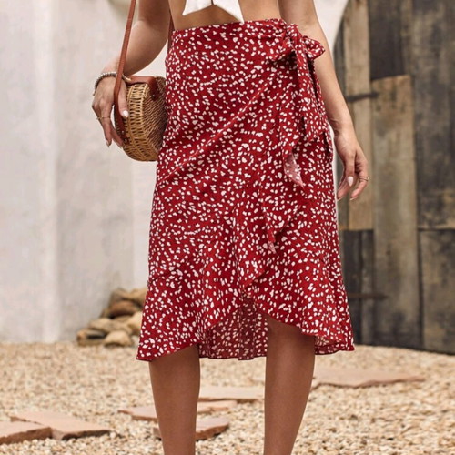 Red Ditsy Floral Side Tie Ruffle Wrap Skirt M 38 like new