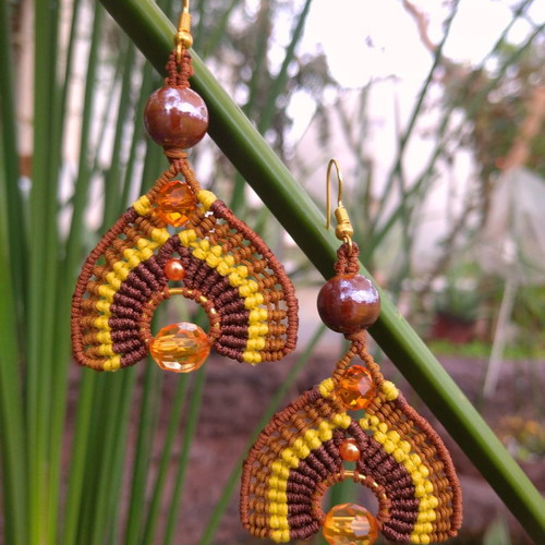 Oleander earrings with macrame art, beads, handmade, new