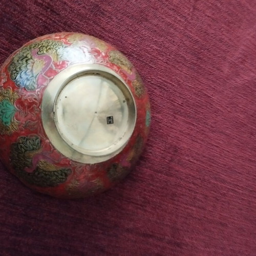 Indian brass bowl used with colorful enamel peacock design