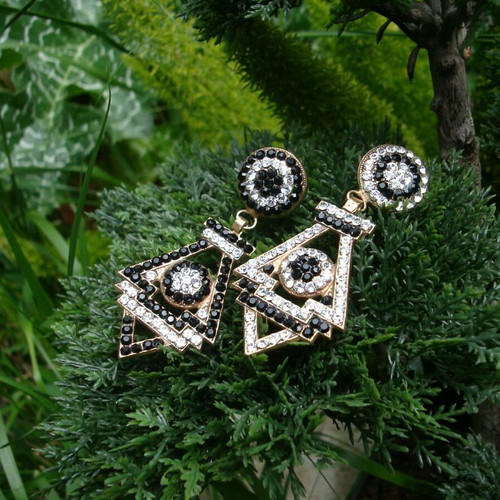 Earrings white-black with Swarovski, handmade, bronze, 6.5cm
