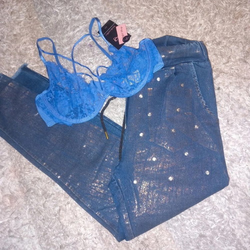 Assos high-waisted jeans with gold shine and rhinestones, like new, with hkm bralette C70
