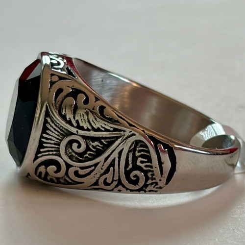 Vintage Signet Ring Black Zircon US 12 316L Stainless Steel New