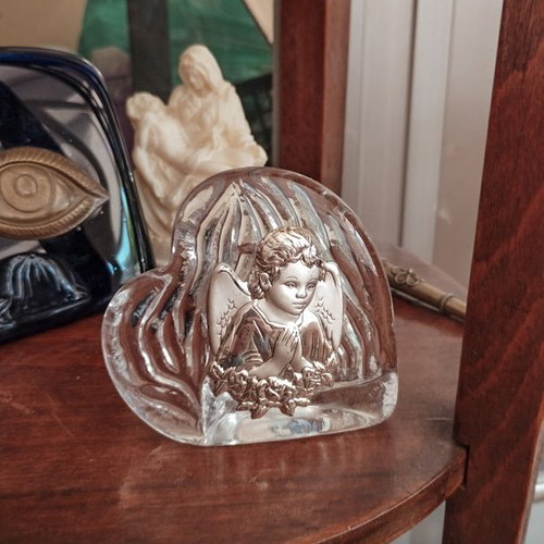 Crystal heart decoration with metal embossed praying angel like new