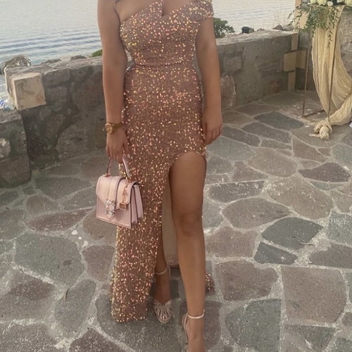 Farmaki maxi one-shoulder sequin dress with side slit, rose gold