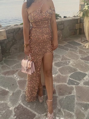 Farmaki maxi one-shoulder sequin dress with side slit, rose gold