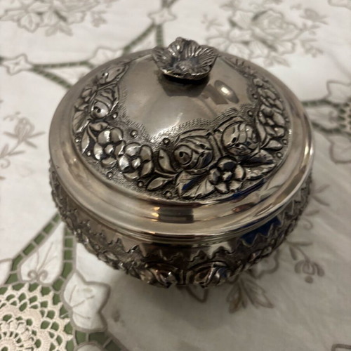 Handmade silver-plated fondue pot with carved details like new