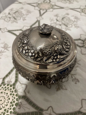 Handmade silver-plated fondue pot with carved details like new