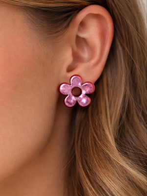 Handmade pink resin flower-shaped earrings with surgical steel clasp