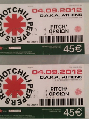 Συλλεκτικά εισιτήρια Red Hot Chilli Peppers σαν καινούργια από συναυλία 2012