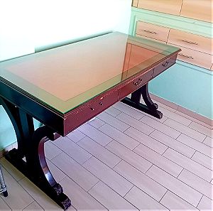 Κόκκινο δερμάτινο τραπέζι για γραφείο με γυάλινο κάλυμμα 5mm, (140x70cm)