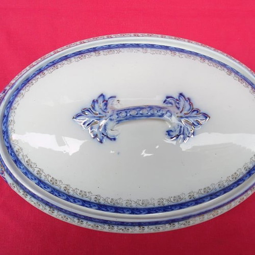 Alfred Meakin porcelain serving platter used, antique Flown Blue