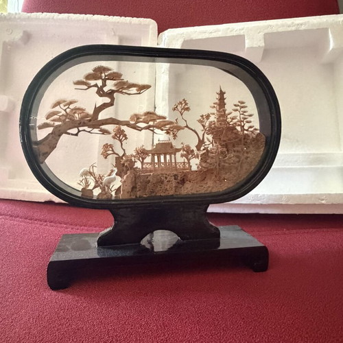 Vintage 3D Cork Frame new, 1970s-80s Chinese Hand-Carved Art