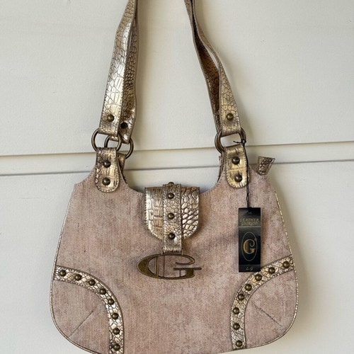 Vintage Giorgio Y2K tan and gold canvas croc print shoulder bag