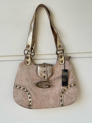 Vintage Giorgio Y2K tan and gold canvas croc print shoulder bag