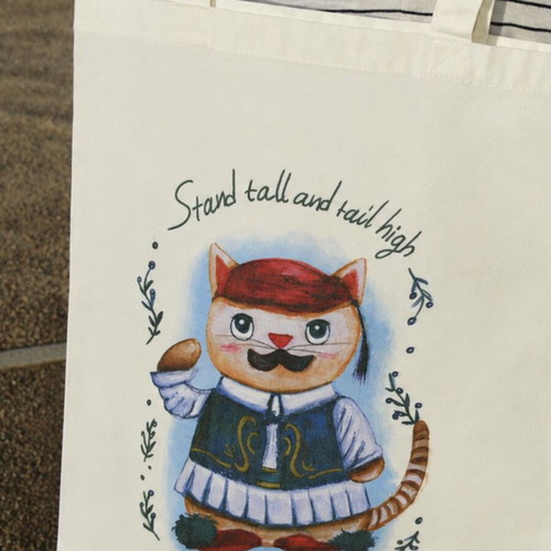 Tsolias Cat Tote Bag, white polyester shoulder bag