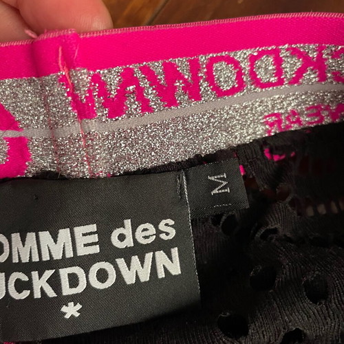 Comme Des Fuckdown lace pants with fuchsia elastic logo, like new