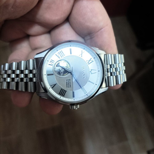 Bulova Wilton 96A207 men's automatic watch, silver open heart dial