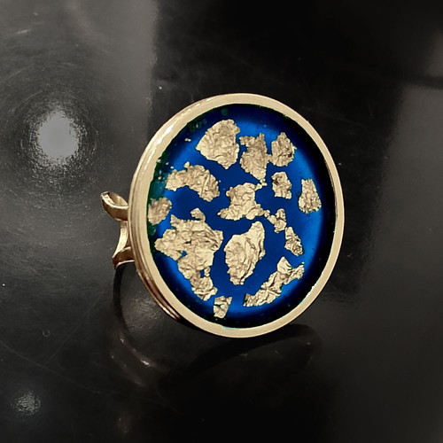 Aegean Moon ring stainless steel with blue enamel and silver leaves, new