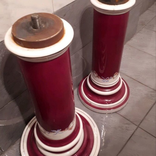 Antique flower stand used, porcelain and metal, height 93 cm