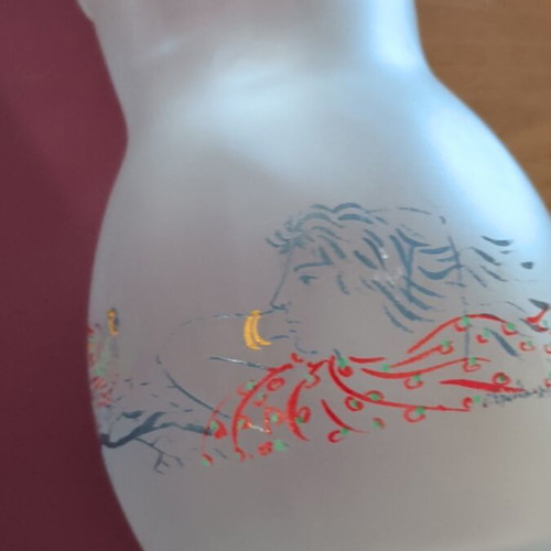 Glass pitcher and two glasses with Stathopoulos designs, like new