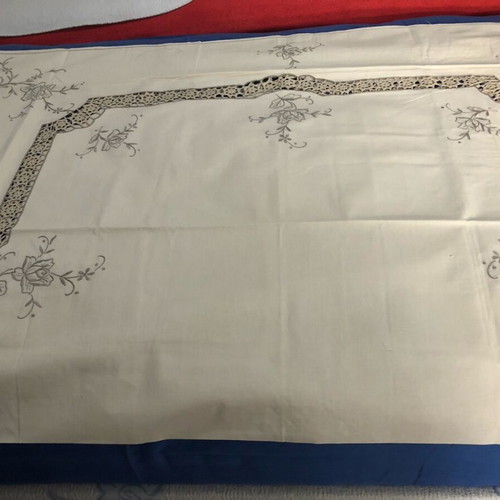 Hand-embroidered tablecloth new, light beige, 130x170 cm