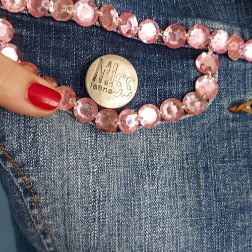 Miss Latina denim vest with pink stones like new, sizes L to XXL