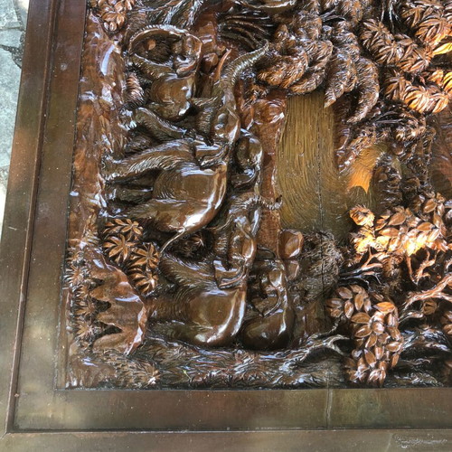 Handcrafted carved wood table with elephants and matching stool, Asian style