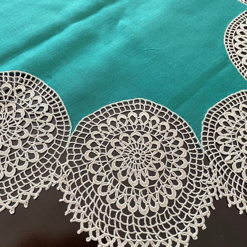 Set of 4 vintage handmade table runners with white lace and turquoise fabric