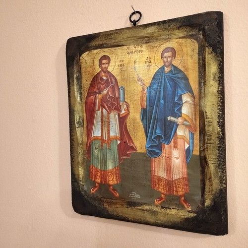 Handmade Orthodox icon of Saints Cosmas and Damian new