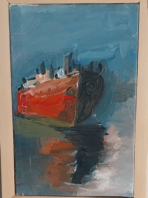 Ship oil painting on canvas 35×25cm framed like new