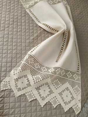 Handmade table runner with lace and azur, linen, new