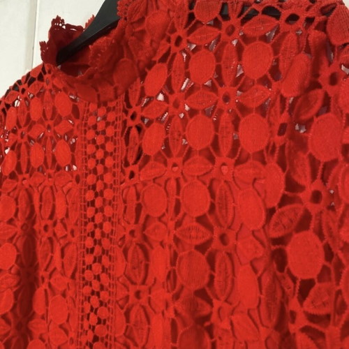 Red dress long-sleeve lace embroidery bell sleeve, lined, regular fit