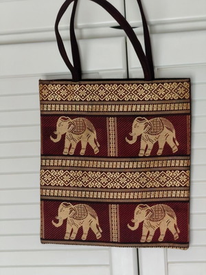 Woven Ethnic Tote Bag with Elephant Pattern, New, Burgundy/Gold