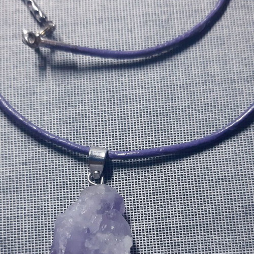 Monica necklace with natural amethyst and genuine leather strap, handmade, new